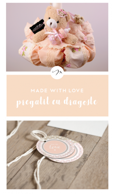 Lumanare de botez pentru fetite cu ursuleti si flori, 65x4 cm,  Piersicuta 3